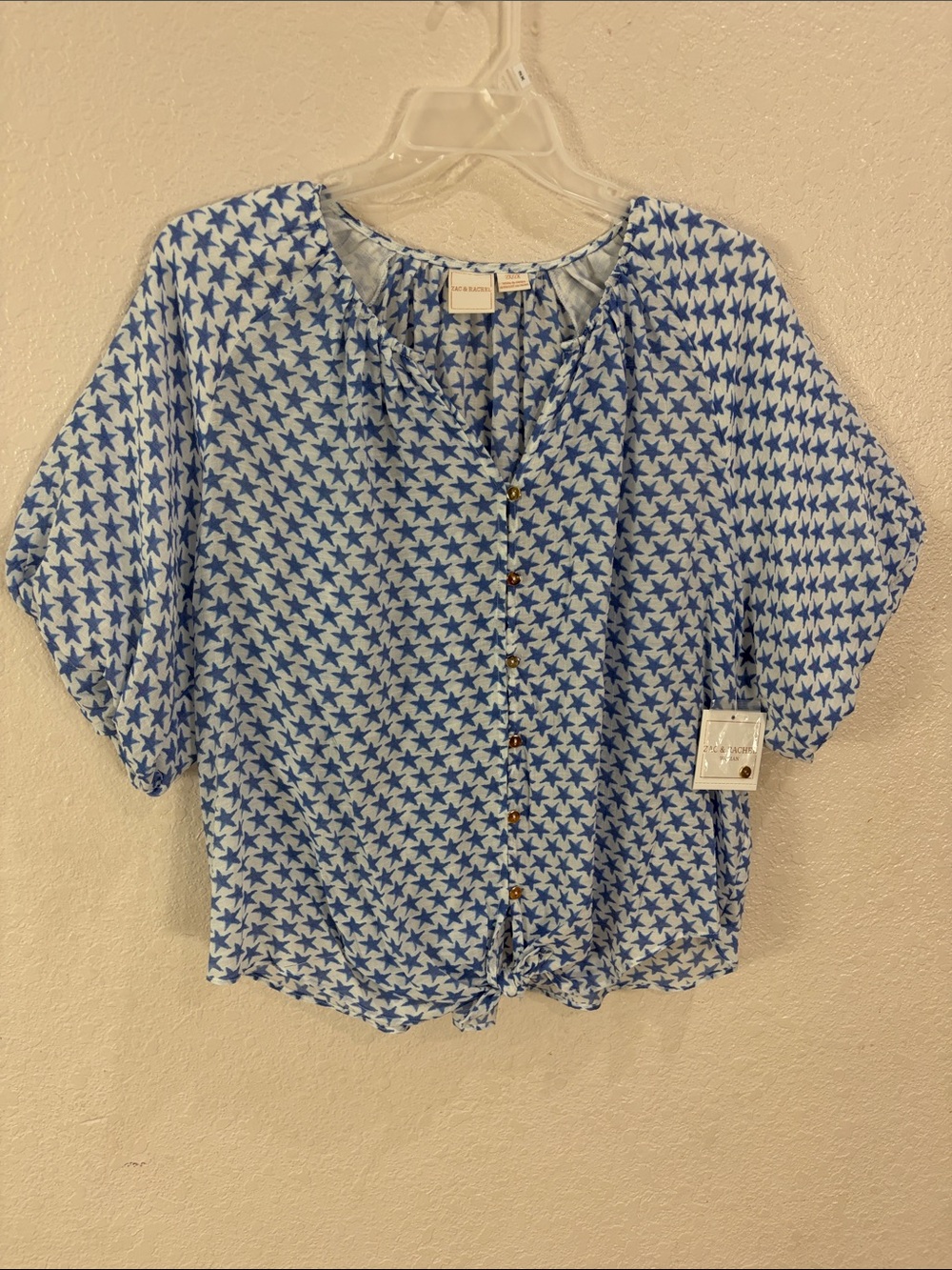 Zac & Rachel,Size 2X,Blue Star-Print Button Tie-Front Blouse